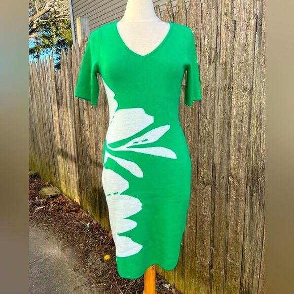 Nina Leonard Dresses & Skirts - Nina Leonard Green Floral Knit Dress Sz M (BgB)